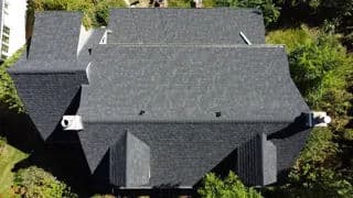 Aerial view of a large, dark roof with multiple chimneys surrounded by greenery.