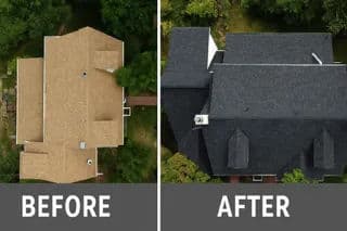 Aerial view of a house roof showing before and after roof replacement, highlighting improvements.